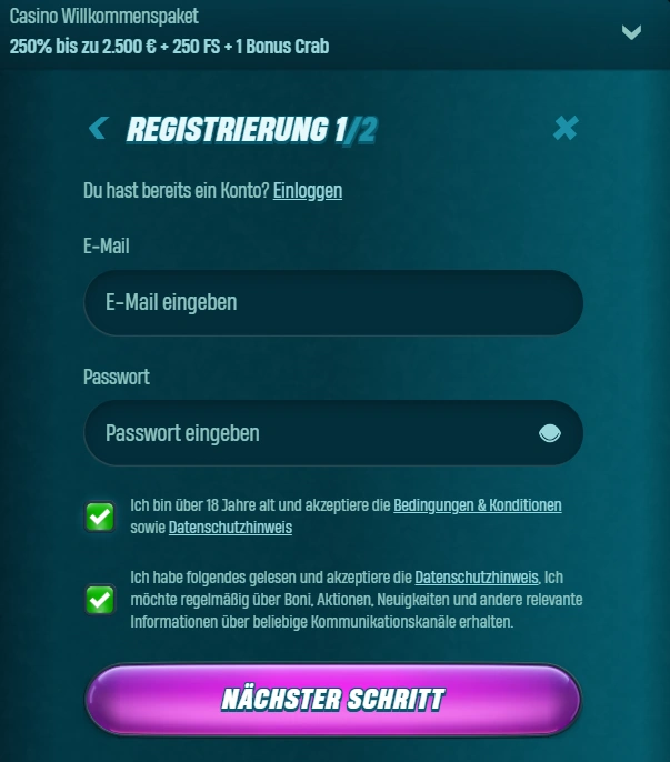 Registrierung beim Caspero Casino